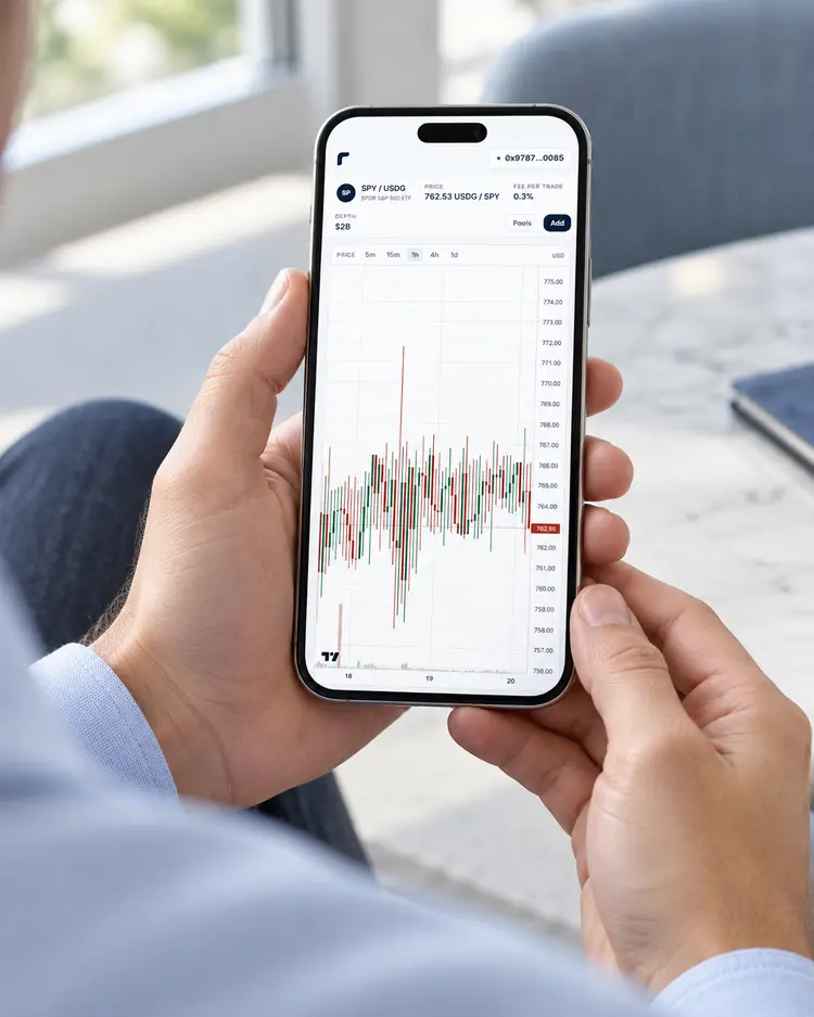 A hand holding a phone showing Retain's price chart for the SPY and USDG pool.